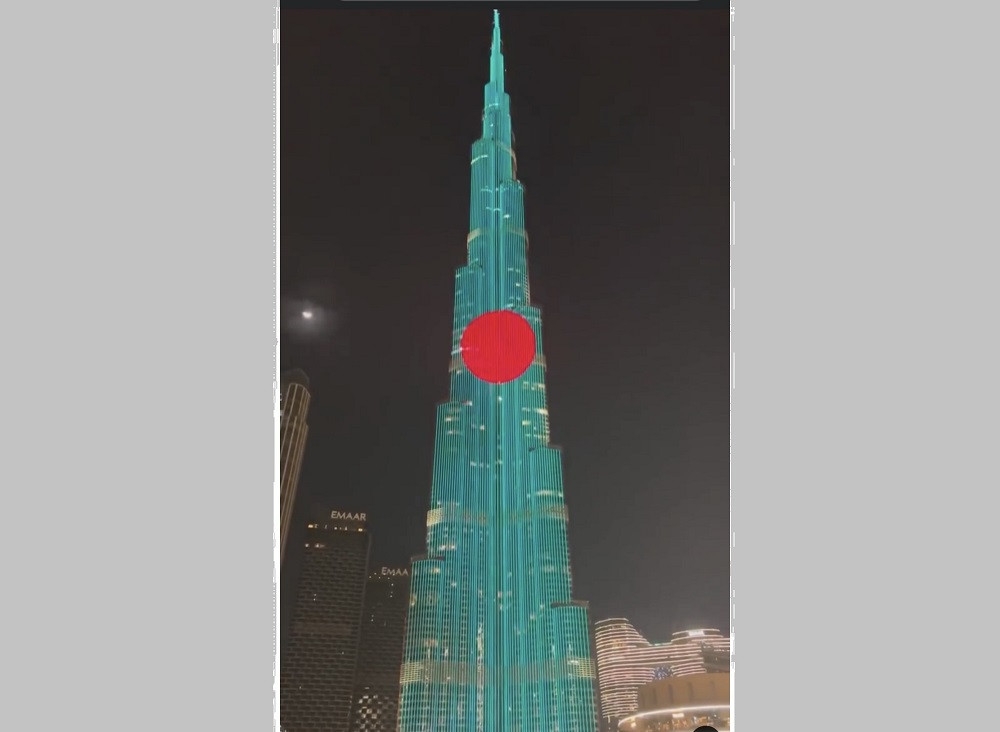 UAE buildings lit up with Bangladeshi flag colours